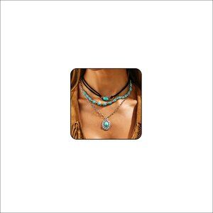 Layered Turquoise Bead Necklace with Western Charms, Lobster Clasp